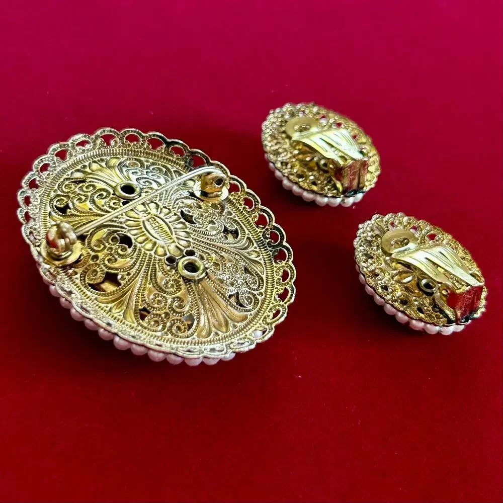 Vintage W. Germany Victorian Revival Cameo Brooch & Clip-On Earring Set
